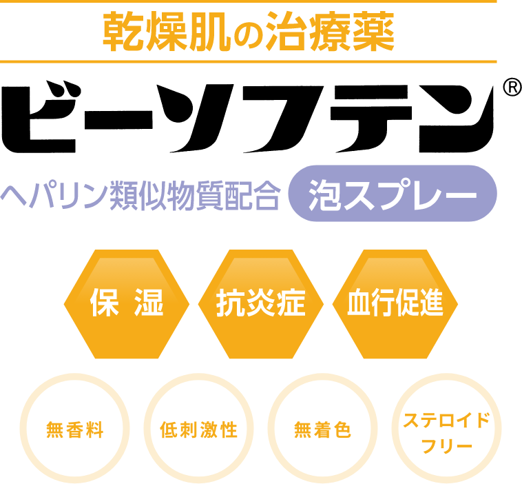 乾燥肌の治療薬 ビーソフテン® ヘパリン類似物質配合 泡スプレー 保湿 抗炎症 血行促進 無香料 低刺激性 無着色 ステロイドフリー