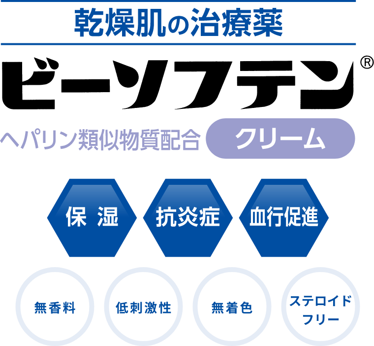 乾燥肌の治療薬 ビーソフテン® ヘパリン類似物質配合クリーム 保湿 抗炎症 血行促進 無香料 低刺激性 無着色 ステロイドフリー