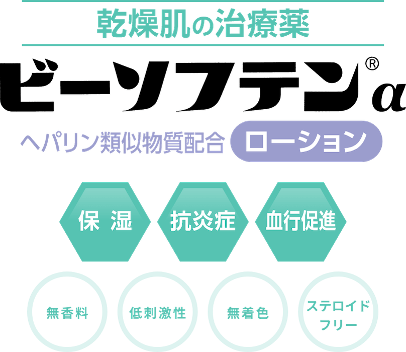 乾燥肌の治療薬 ビーソフテン®a ヘパリン類似物質配合 ローション 保湿 抗炎症 血行促進 無香料 低刺激性 無着色 ステロイド フリー