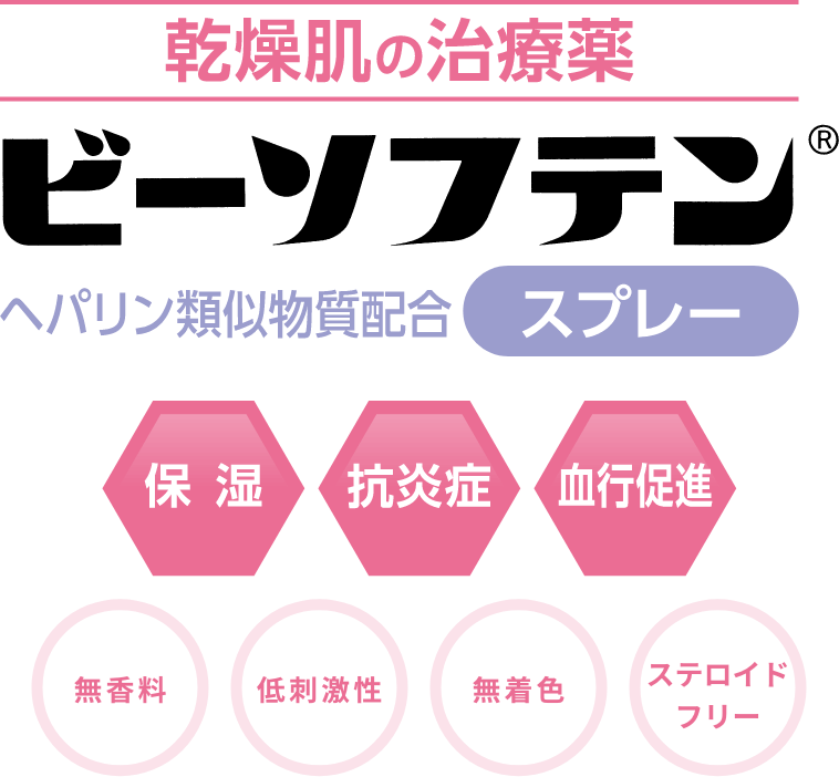 乾燥肌の治療薬 ビーソフテン® ヘパリン類似物質配合 スプレー 保湿 抗炎症 血行促進 無香料 低刺激性 無着色 ステロイドフリー